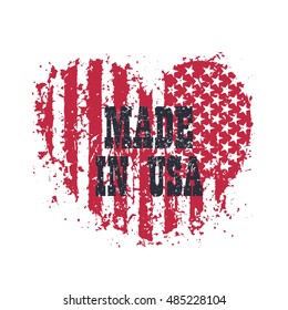 Made in usa, heart with american flag, t-shirt print on white, vector illustration