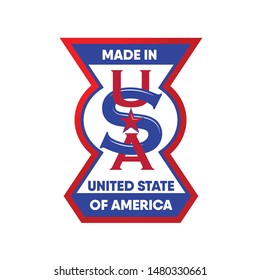 Made in USA icon concept badge design with blue and red American flag emblem elements. Vector illustration.