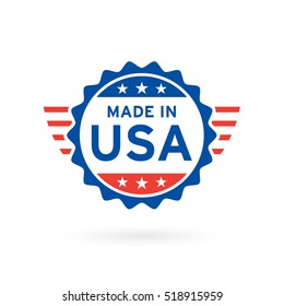 Made in USA icon concept badge design with blue and red American flag emblem elements. Vector illustration.