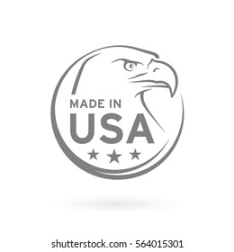 Made in USA icon concept badge design with grey American Bald Eagle emblem isolated on white background. Vector illustration.