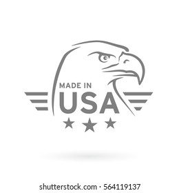 Made In USA Icon Concept Badge Design With Grey American Bald Eagle Emblem Isolated On White Background. Vector Illustration.