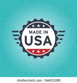 Made in USA icon concept old retro grunge badge design with blue and red American flag emblem on blue background. Vector illustration.