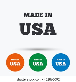 Made in the USA icon. Export production symbol. Product created in America sign. Round circle buttons with icon. Vector