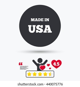 Made in the USA icon. Export production symbol. Product created in America sign. Star vote ranking. Person with heart. Quotes with message. Vector