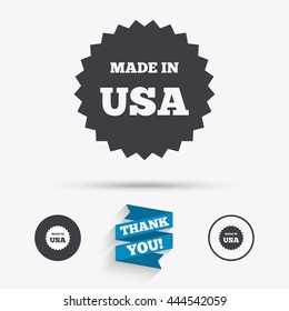 Made in the USA icon. Export production symbol. Product created in America sign. Flat icons. Buttons with icons. Thank you ribbon. Vector