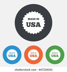 Made in the USA icon. Export production symbol. Product created in America sign. Round circle buttons. Vector