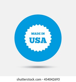 Made in the USA icon. Export production symbol. Product created in America sign. Blue circle button with icon. Vector