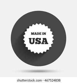 Made in the USA icon. Export production symbol. Product created in America sign. Circle flat button with shadow. Vector