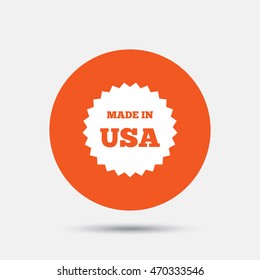 Made in the USA icon. Export production symbol. Product created in America sign. Orange circle button with icon. Vector