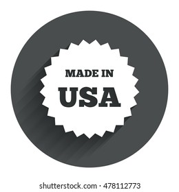 Made in the USA icon. Export production symbol. Product created in America sign. Circle flat button with shadow. Modern UI website navigation. Vector