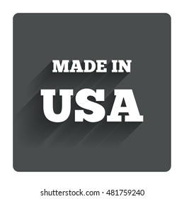Made in the USA icon. Export production symbol. Product created in America sign. Gray flat square button with shadow. Modern UI website navigation. Vector