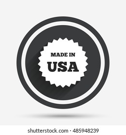 Made in the USA icon. Export production symbol. Product created in America sign. Circle flat button with shadow and border. Vector