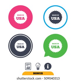 Made in the USA icon. Export production symbol. Product created in America sign. Report document, information sign and light bulb icons. Vector