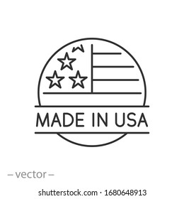 made in usa icon, quality american stamp, label flag manufactured america, thin line web symbol on white background - editable stroke vector illustration eps10