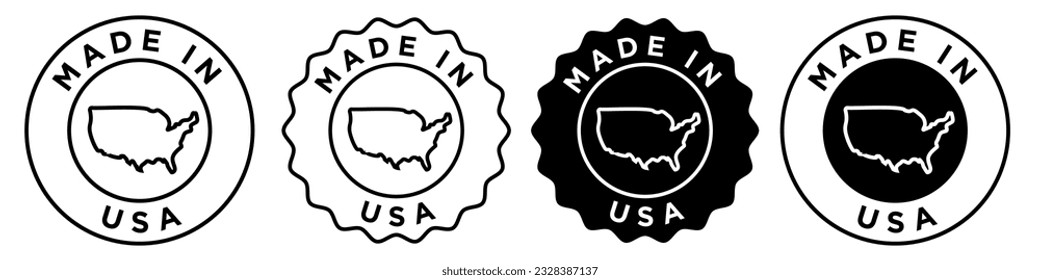 Made in USA Icon set collection. Badge style round circular vector sticker of United states of America map symbol for web app ui use. Stamp of us nations outlined  label. 