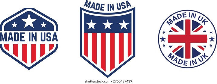 Made in USA icon set collection group with american flag badge symbol label stamp emblem quality certification patriotic sign branding identity vector isolated design graphic.