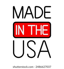 Made in the USA icon. Text design with bold lettering and red highlight. American manufacturing and product origin concept.