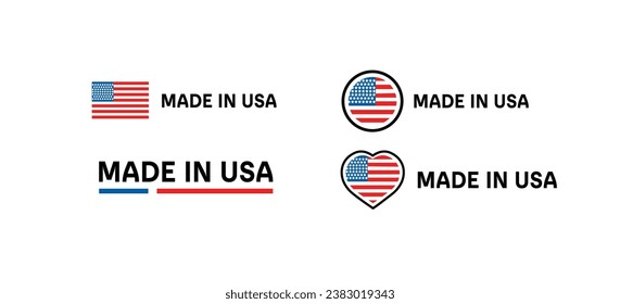 Made in USA icons. Flat, red-blue, emblems made in USA, made in USA flag, heart. Vector icons