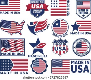 Made in USA Label with American Flag, Circular Patriotic Badge for Product Packaging, United States Manufacturing Symbol, Red White and Blue National Origin Icon Vector Isolated on White