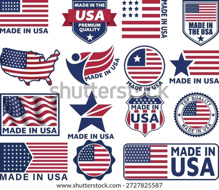 Made in USA Label with American Flag, Circular Patriotic Badge for Product Packaging, United States Manufacturing Symbol, Red White and Blue National Origin Icon Vector Isolated on White