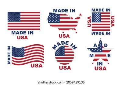 Made in the USA label collection. Composition with American flags and the emblem of American products. Vector illustration.