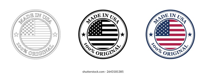 Made in USA label design for business. Quality seal badge product design in outline, black, flag color.