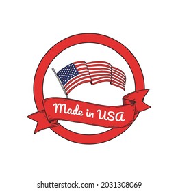 Made is USA label with hand drawn United States flag. Vector illustration