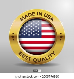 Made in USA Label, Logo, Stamp Best Quality Round Flag of Nation with 3D Elegant Gold Glossy Effect