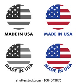 Made in USA label. Red stripes and white stars on blue field, clipped to circle with text below. Black & white / color version. 