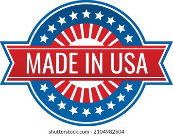 Made in usa label. Round quality tag with red ribbon