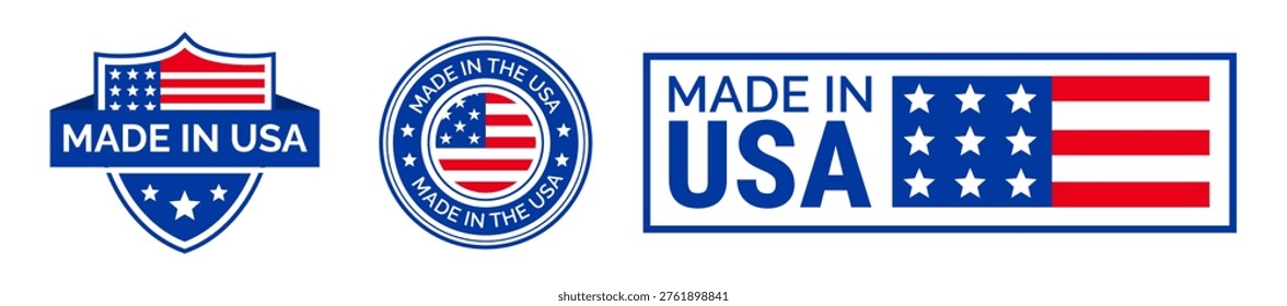 Made in USA Label or seal badges Set. Made in USA label collection, American flag badges, patriotic stamps icons, with American Flag Elements and Stars Patriotic Product Tags Stickers Collection