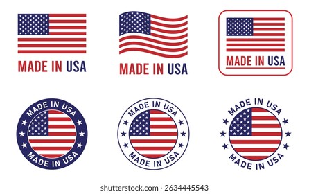 Made in USA label set. Big set of label, stickers, pointer, badge, symbol. Made in USA stamp with American flag icon on design. vector illustration.