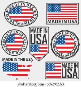 Made in USA label set with flag, vector illustration