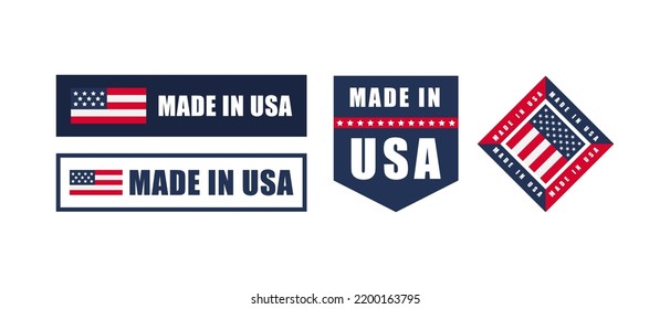 Made in USA label set. Made in USA stamp. Big set of label, stickers, pointer, badge, symbol and page curl with American flag icon on design element.