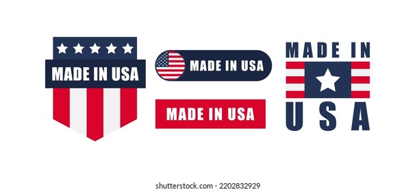 Hergestellt in USA Label Set. Hergestellt in den USA Briefmarke. Große Auswahl an Etiketten, Aufklebern, Zeiger, Badge, Symbol und Seitencurl mit amerikanischem Flaggen-Symbol auf Design-Element.