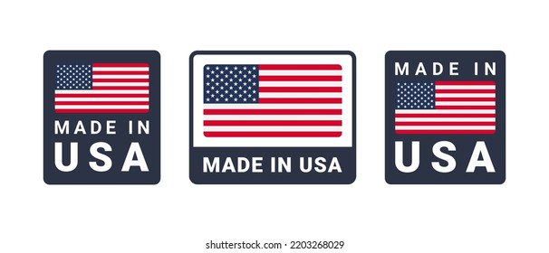 Hergestellt in USA Label Set. Hergestellt in den USA Briefmarke. Große Auswahl an Etiketten, Aufklebern, Zeiger, Badge, Symbol und Seitencurl mit amerikanischem Flaggen-Symbol auf Design-Element.