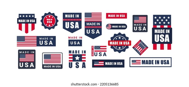 Hergestellt in USA Label Set. Hergestellt in den USA Briefmarke. Große Auswahl an Etiketten, Aufklebern, Zeiger, Badge, Symbol und Seitencurl mit amerikanischem Flaggen-Symbol auf Design-Element.