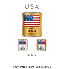 Made in USA Label, Stamp, Badge, or Logo. With The National Flag of USA. On platinum, gold, and silver colors. Premium and Luxury Emblem