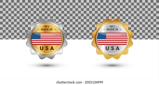 Made in USA Label, Stamp, Badge, or Logo. With The National Flag of USA. On platinum, gold, and silver colors. Premium and Luxury Emblem