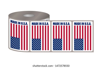 Made in USA label sticker roll, vector illustration. Adhesive merchandise tag with US flag on bobbin.