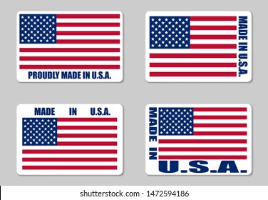 Made in USA label stickers, vector set. Merchandise tag with US flag.