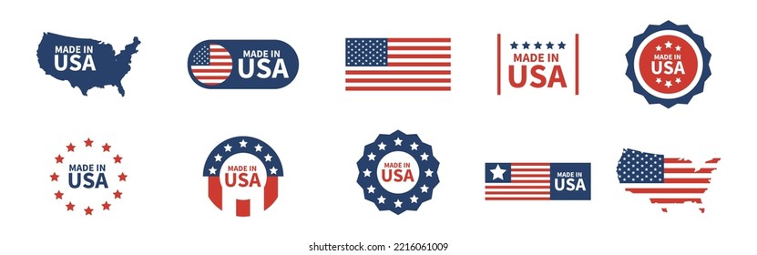 Etiquetas hechas en EE. UU. Iconos hechos en Estados Unidos. Elemento aislado del vector. Colección de etiquetas estadounidenses.