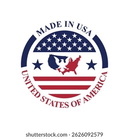 made in usa label vector template with flag, map and eagle symbol elements	