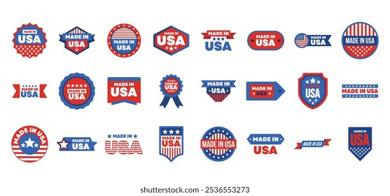 Made in USA labeling flat set. Collection of label made in USA. American product and patriotic symbols. United State quality emblem with star striped national flag. Vector badges and banners.