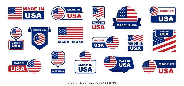 Made in USA labeling set. Collection of label made in USA. American product emblem. USA quality emblem. Vector illustration.