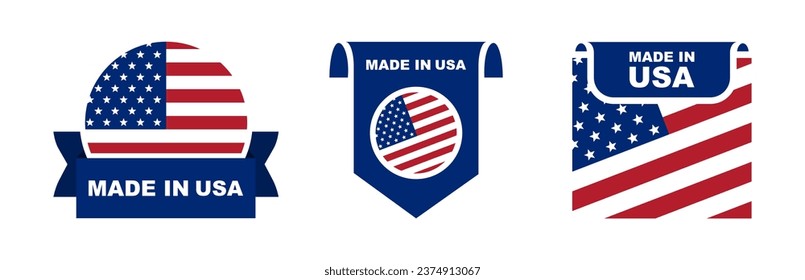 Made in USA labeling set. Collection of label made in USA. American product emblem. USA quality emblem. Vector illustration.