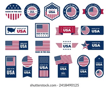 Made in usa labels. American guarantee emblems, patriotic signs, tags with national flag colors and symbols, quality certificates stickers, patriotic signs. Banners templates. Vector set