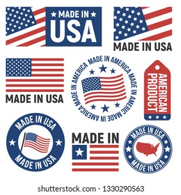 Made in USA labels, badges, signs. USA flag icons. Americans emblems templates. Vector illustration.