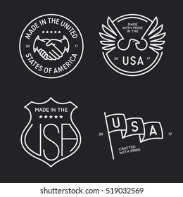 Made in usa labels badges stamps set. Design elements for seal design, prints and stickers. Vector vintage monochrome illustration.