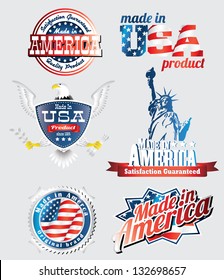 made in usa labels with bold eagle, liberty statue and american flag